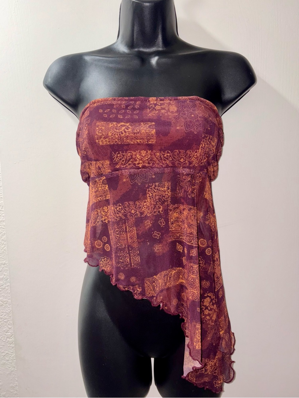 Strapless Asymmetric Sleeveless Tube Top in Burgundy and Rust Patchwork (A023)